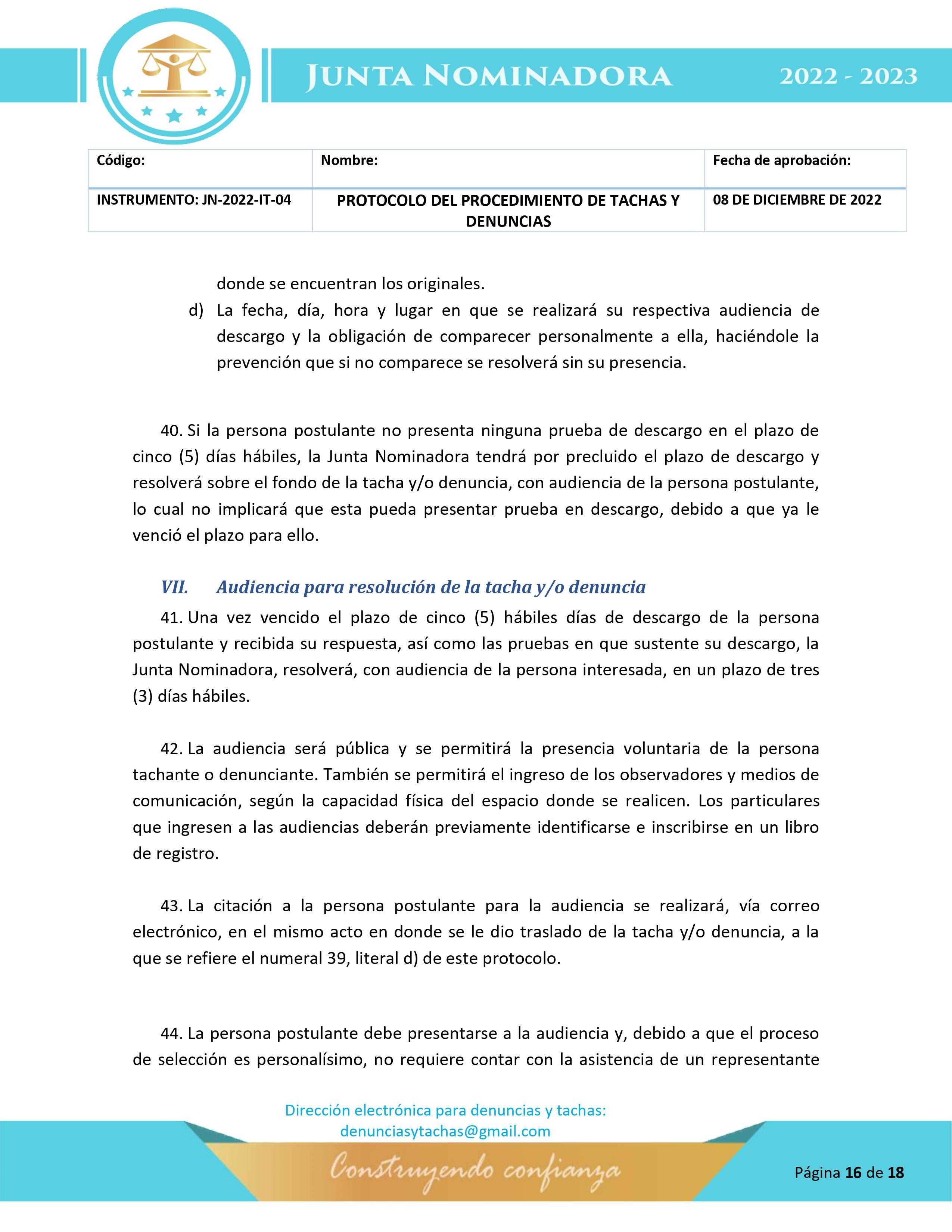 Protocolo para la etapa de tachas y denuncias